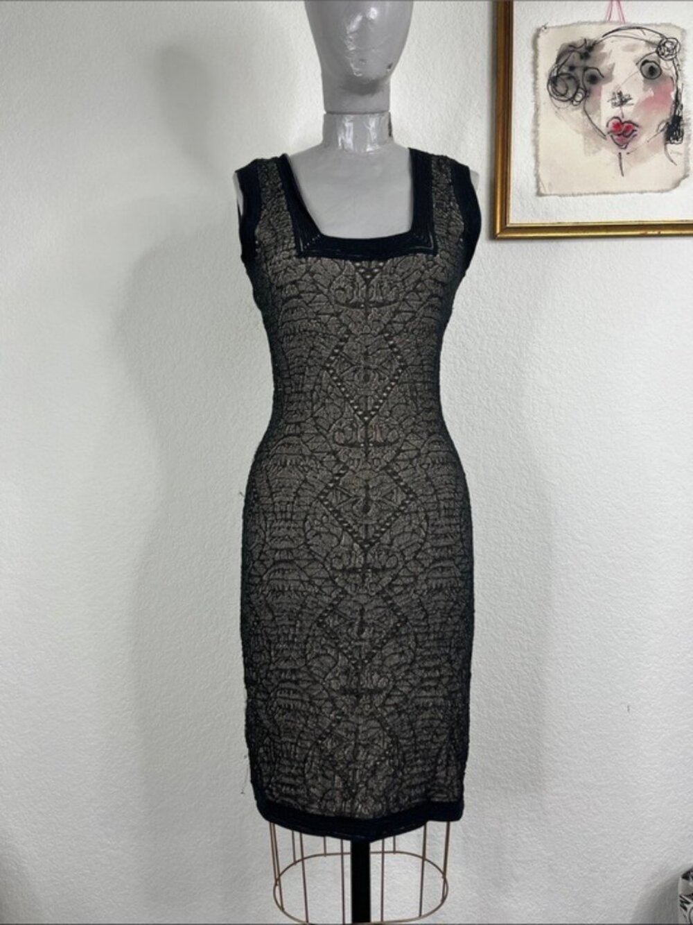 Artelier Nicole Miller Knit Floral Square Lace Overlay Sheath Sweater Dress